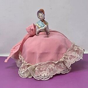 Antique Porcelain Figurine Doll Pin Cushion In Pink Fabric & Lace Trim